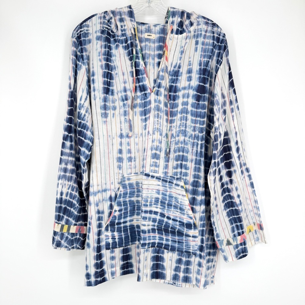 Warm NY Hooded Baja Pullover Blue White Tie Dye Striped Cotton Oversized 3